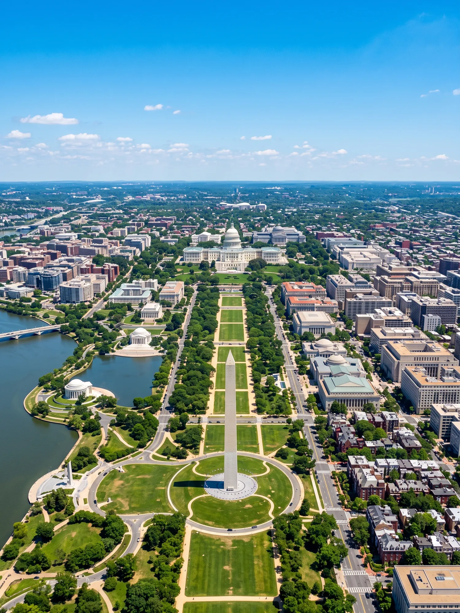 Panoramic aerial view of Washington skyline in bright daylight