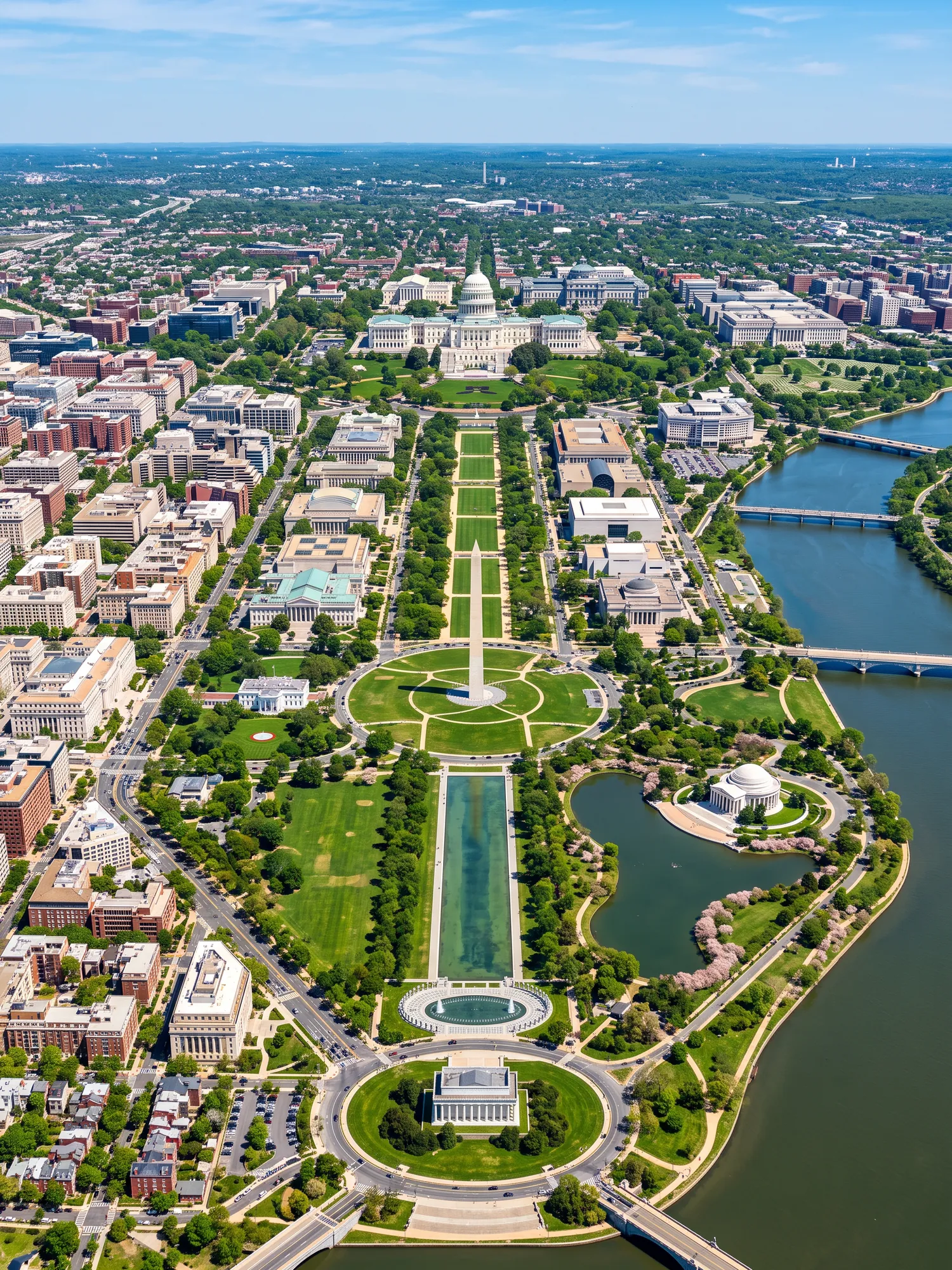 Panoramic aerial view of Washington skyline in bright daylight