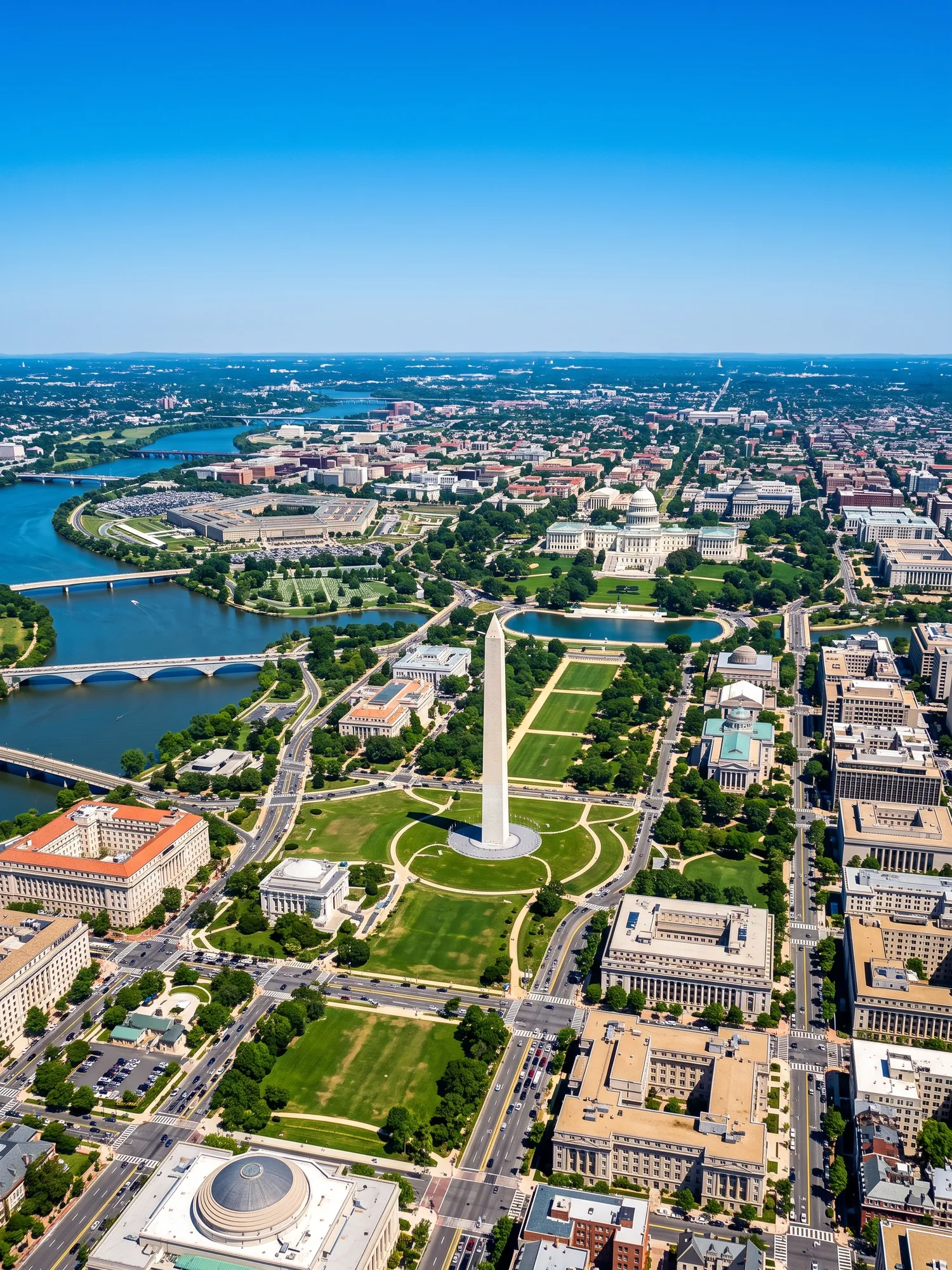 Panoramic aerial view of Washington skyline in bright daylight
