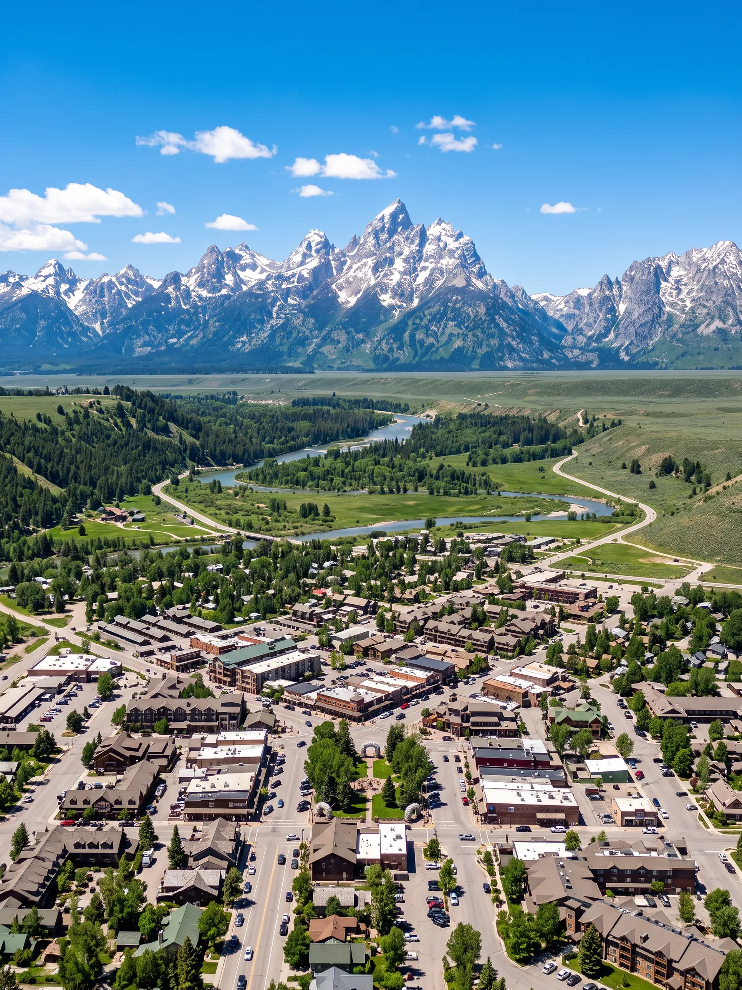 Image of Panoramic Cityscape View Of Jackson Hole In Bright Daylight