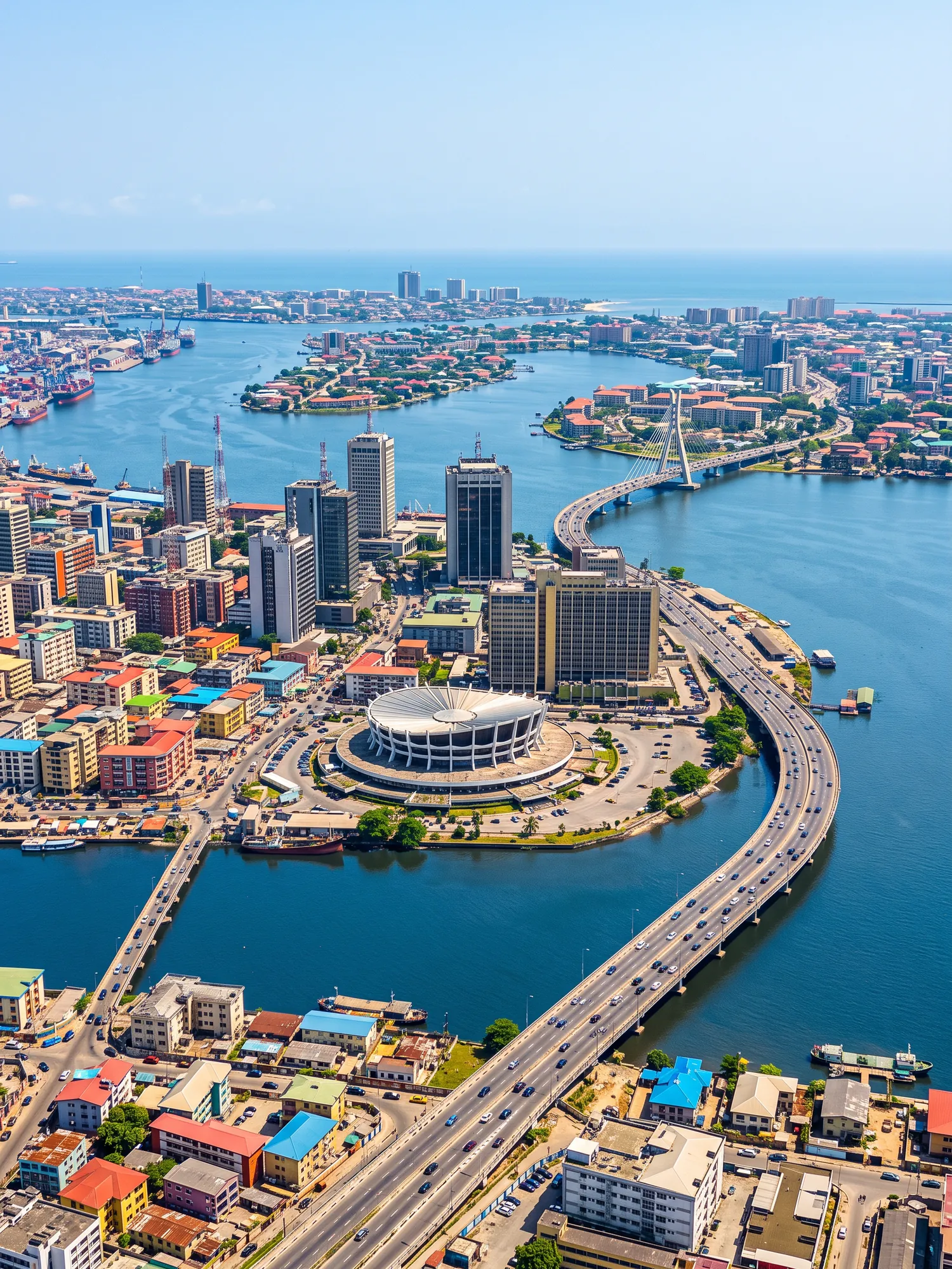 Panoramic cityscape view of Lagos in bright daylight