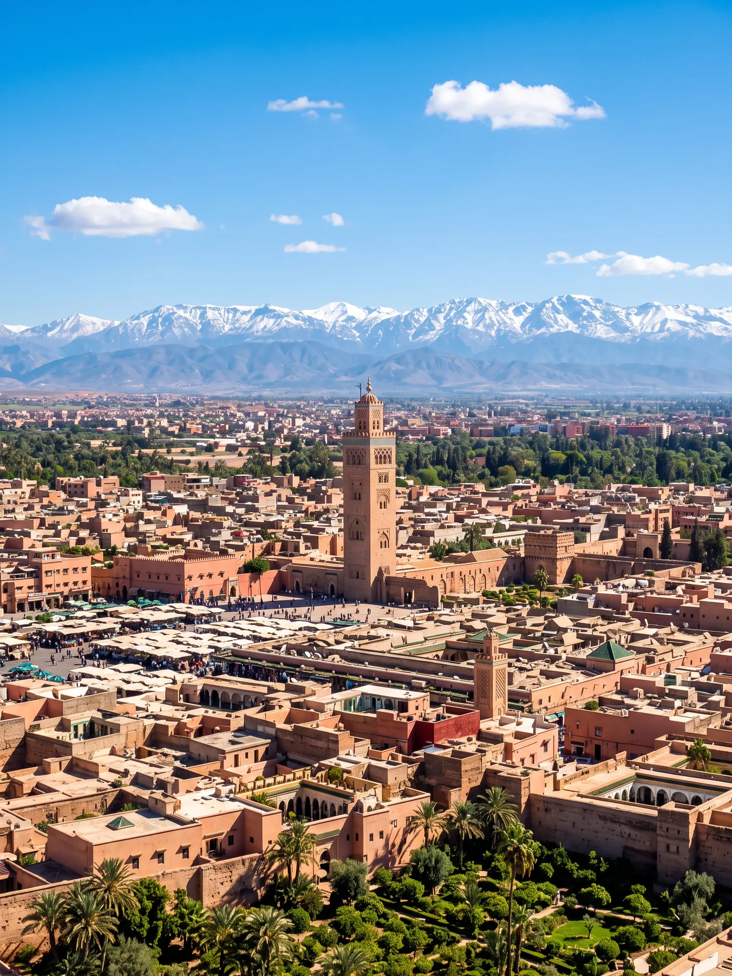 Panoramic cityscape view of Marrakesh in bright daylight