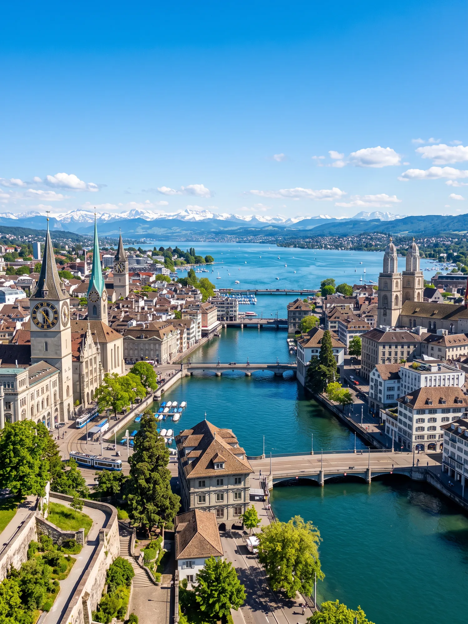 Panoramic cityscape view of Zurich in bright daylight