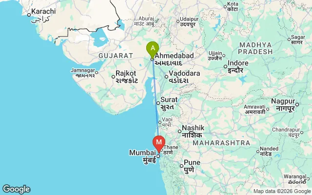 Flight path from Ahmedabad to Mumbai