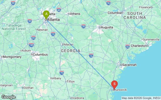 Flight path from Atlanta to St Simons Island
