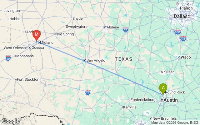Flight path from Austin to Midland