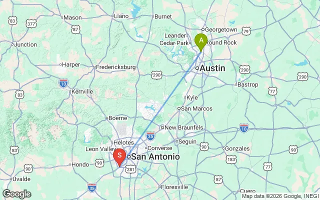 Flight path from Austin to San Antonio