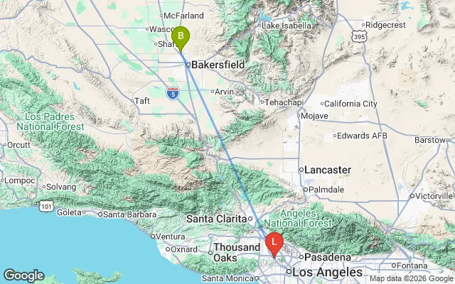 Flight path from Bakersfield to Los Angeles