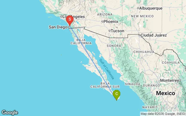 Flight path from Cabo San Lucas to San Diego