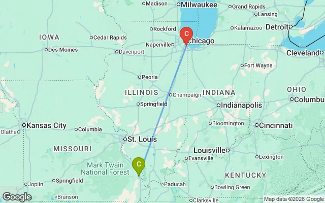 Flight path from Cape Girardeau to Chicago