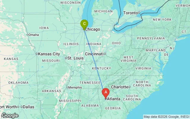 Flight path from Chicago to Atlanta