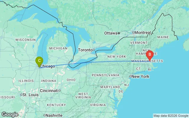 Flight path from Chicago to Boston