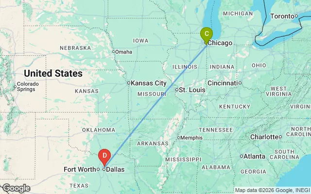 Flight path from Chicago to Dallas