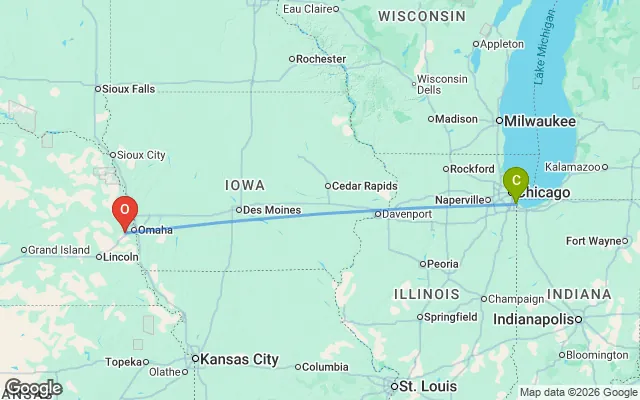 Flight path from Chicago to Omaha