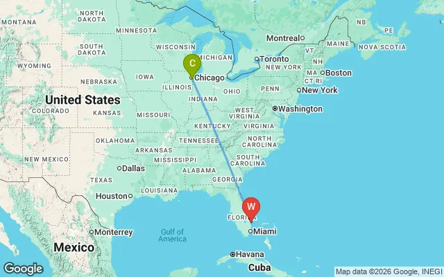 Flight path from Chicago to West Palm Beach
