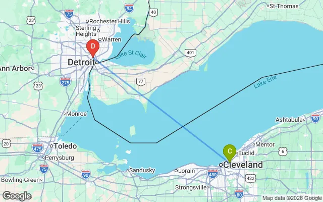 Flight path from Cleveland to Detroit