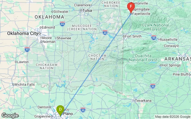 Flight path from Dallas to Fayetteville
