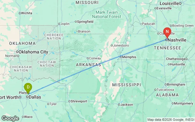 Flight path from Dallas to Nashville