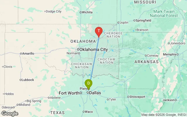 Flight path from Dallas to Tulsa