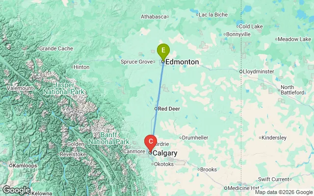 Flight path from Edmonton to Calgary