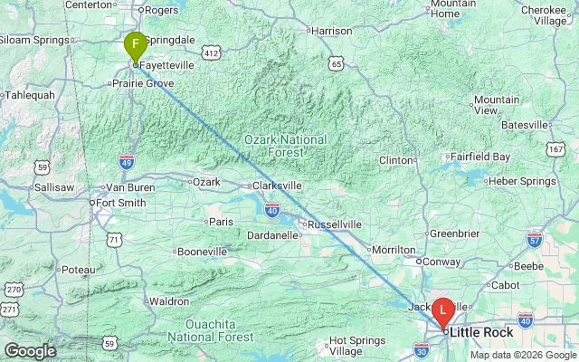 Flight path from Fayetteville to Little Rock
