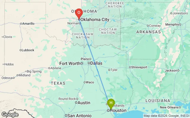 Flight path from Houston to Oklahoma City
