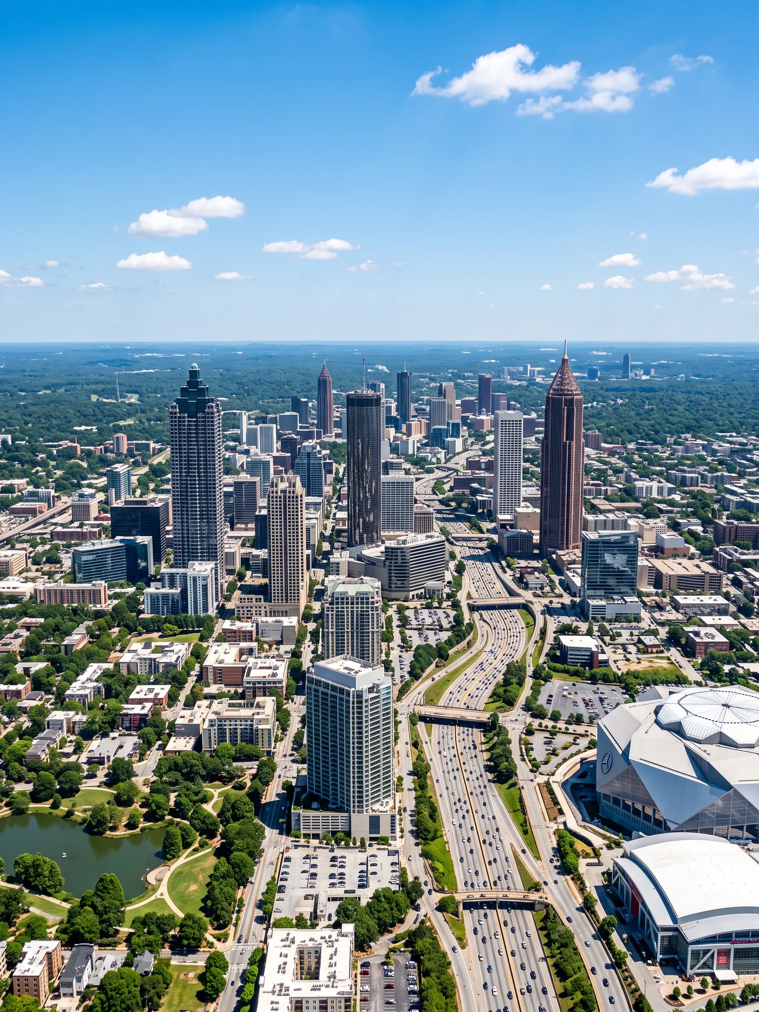 Panoramic aerial view of Atlanta skyline in bright daylight