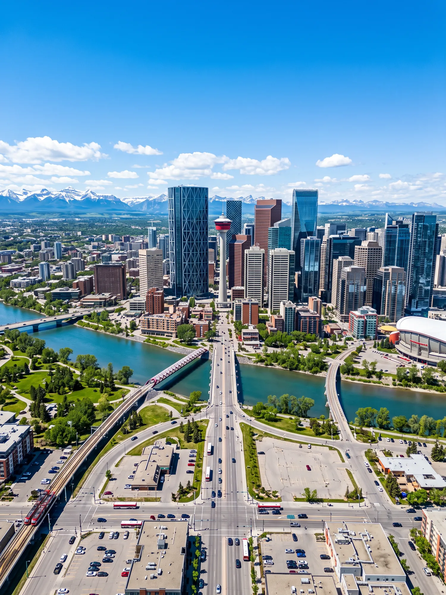 Panoramic aerial view of Calgary skyline in bright daylight
