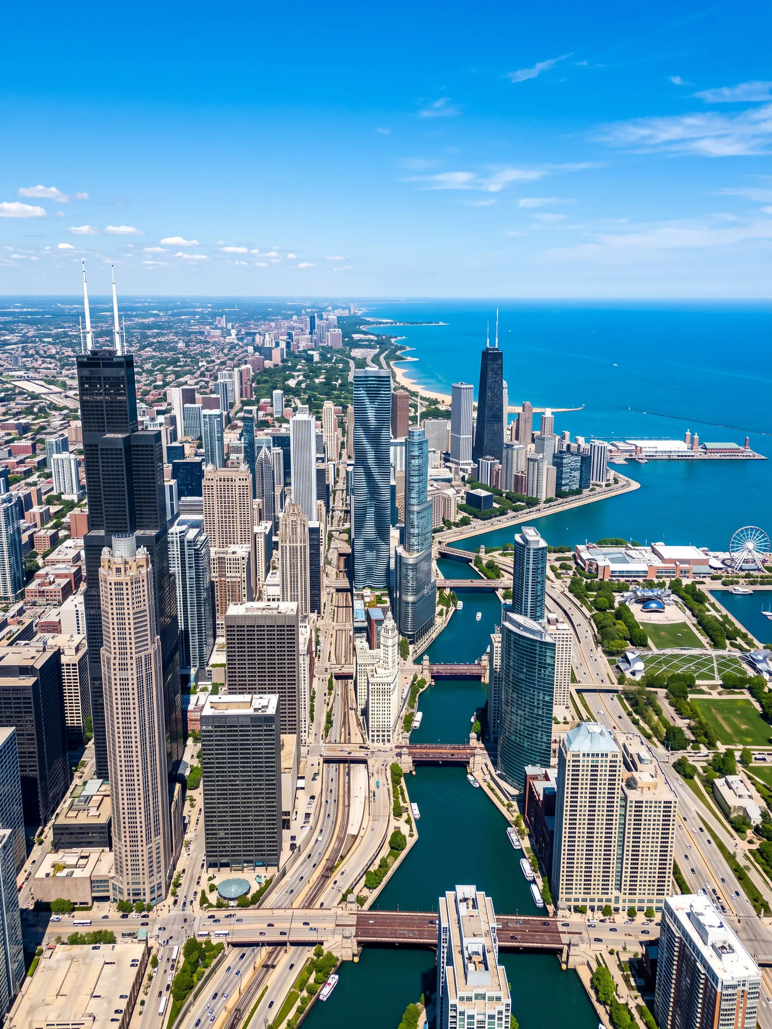 Panoramic aerial view of Chicago skyline in bright daylight