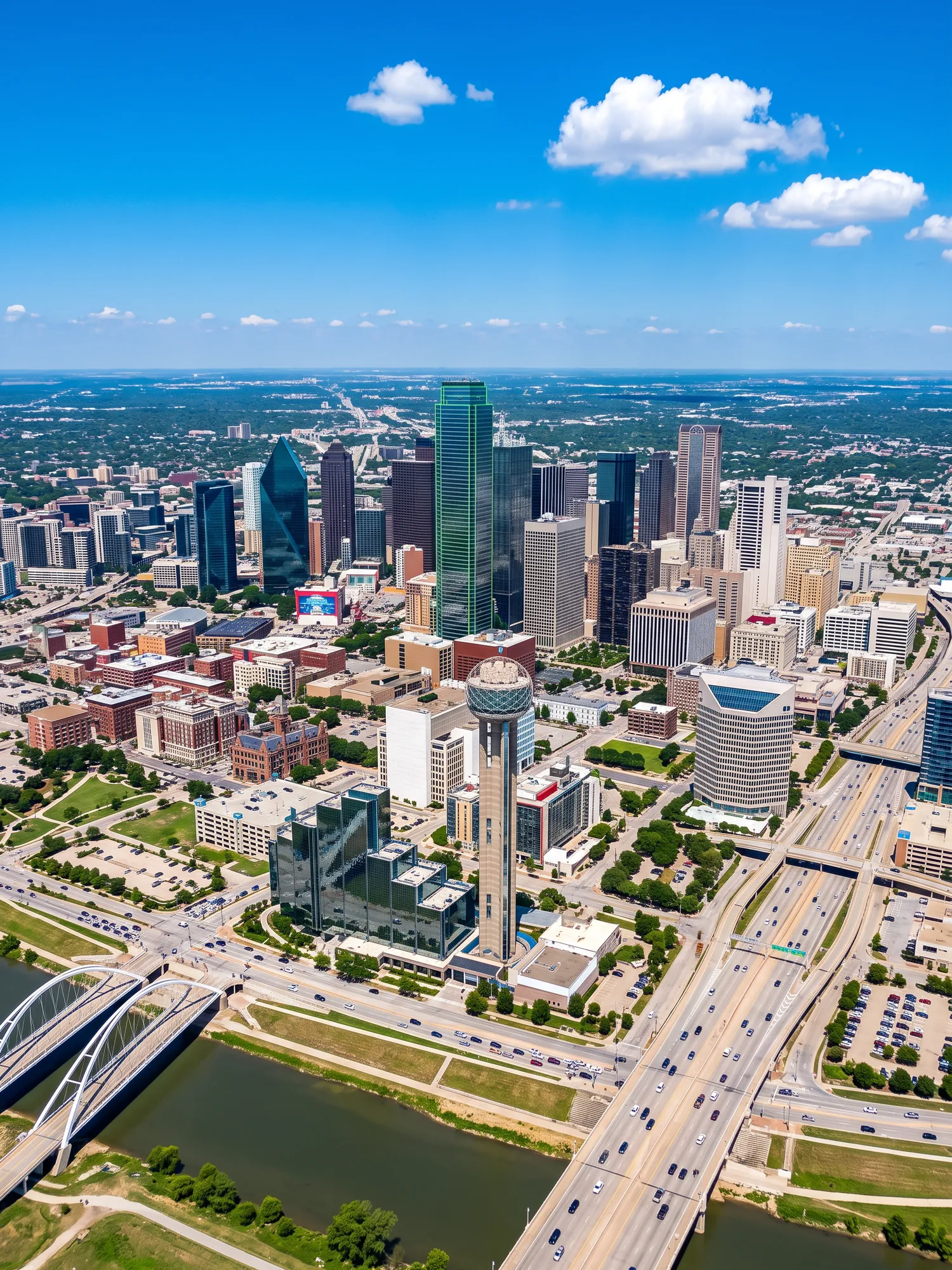 Panoramic aerial view of Dallas skyline in bright daylight