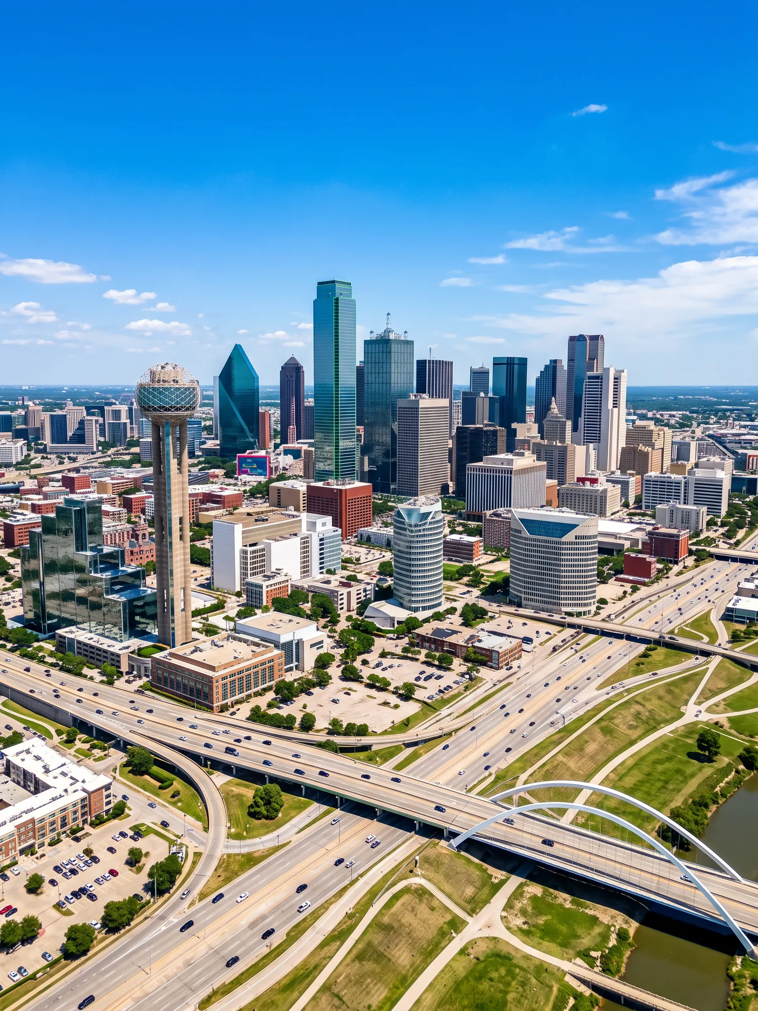 Panoramic aerial view of Dallas skyline in bright daylight