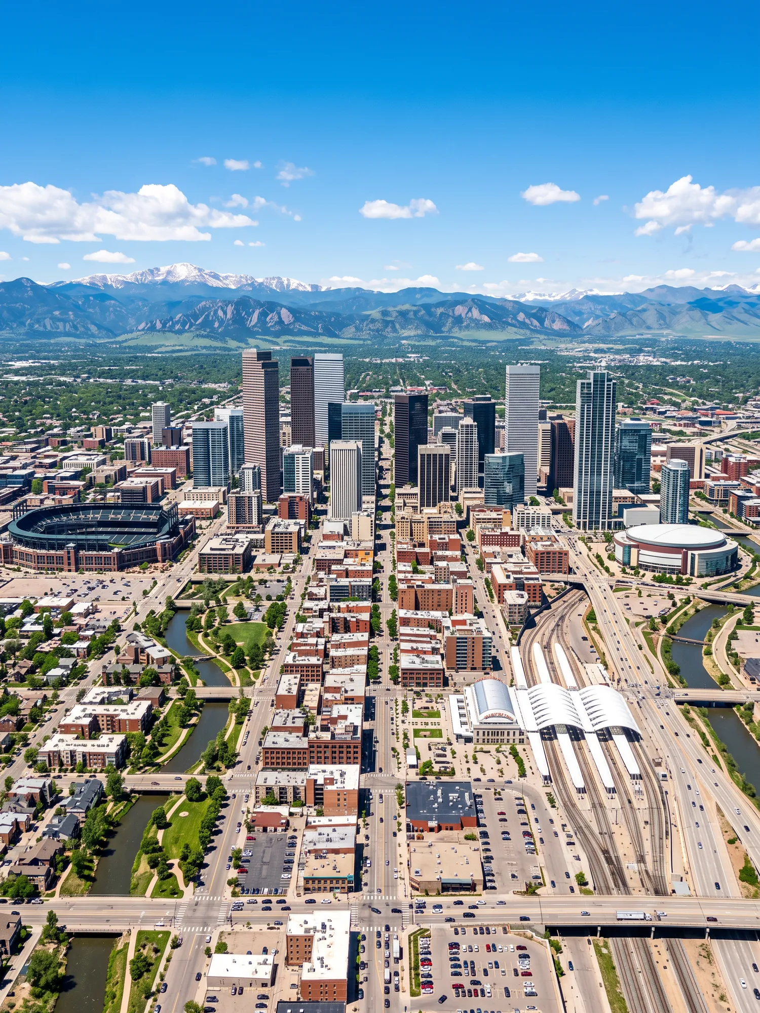 Panoramic aerial view of Denver skyline in bright daylight