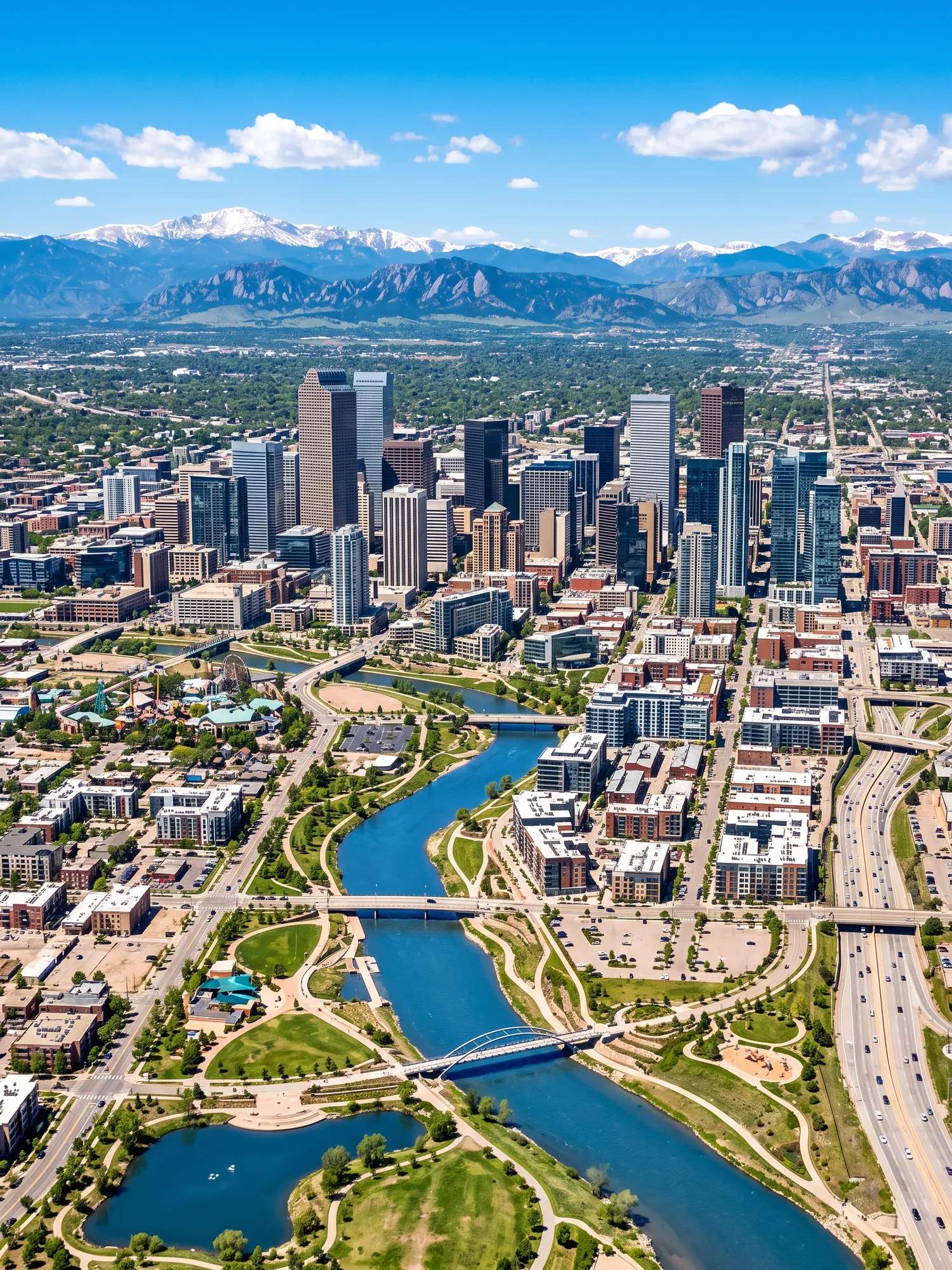 Panoramic aerial view of Denver skyline in bright daylight