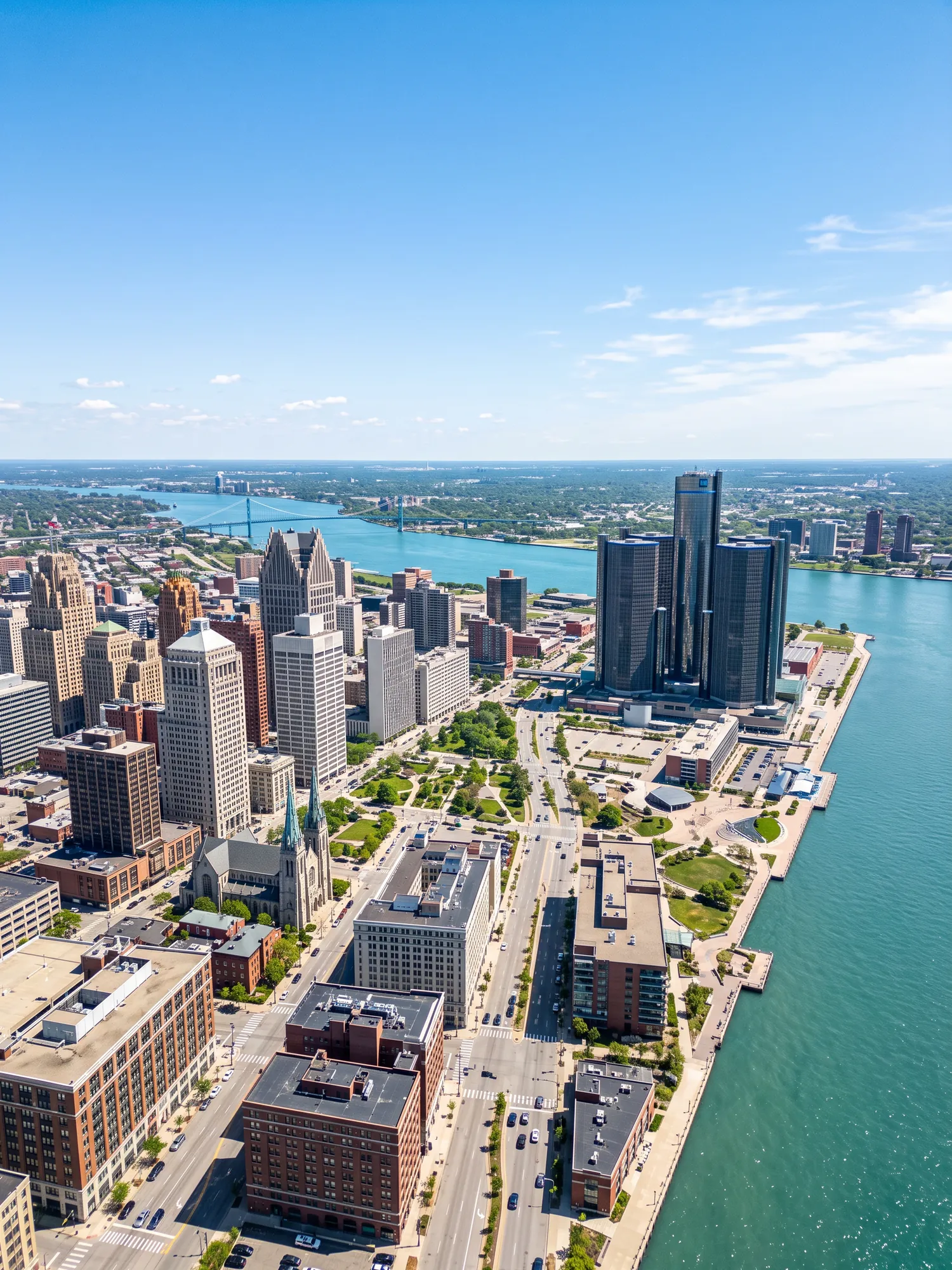 Panoramic aerial view of Detroit skyline in bright daylight