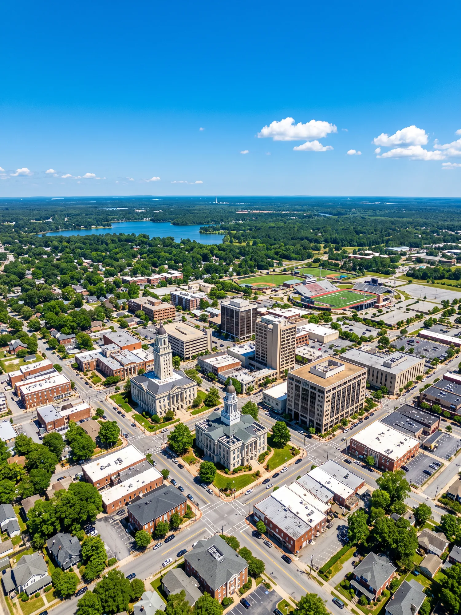 Panoramic aerial view of Fayetteville skyline in bright daylight