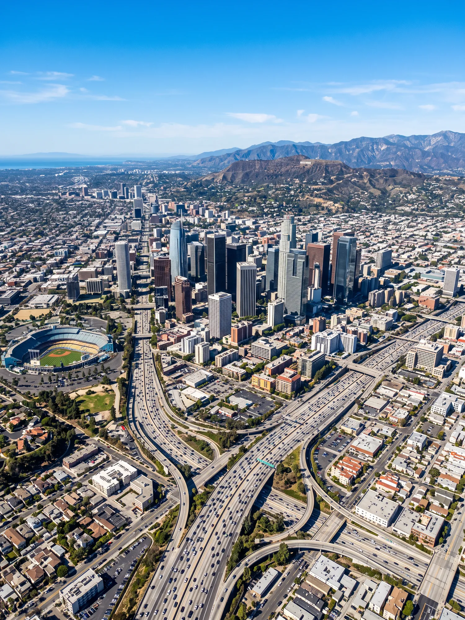 Panoramic aerial view of Los Angeles skyline in bright daylight