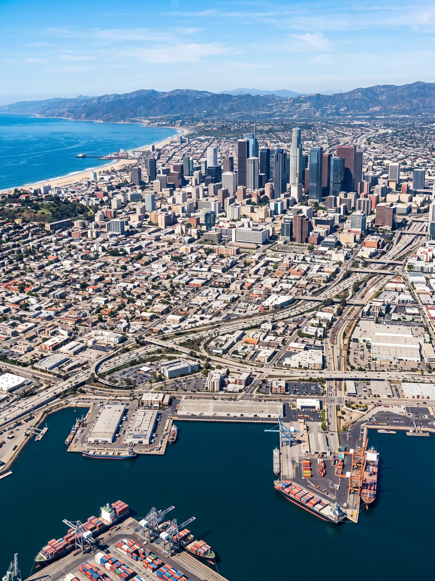 Panoramic aerial view of Los Angeles skyline in bright daylight