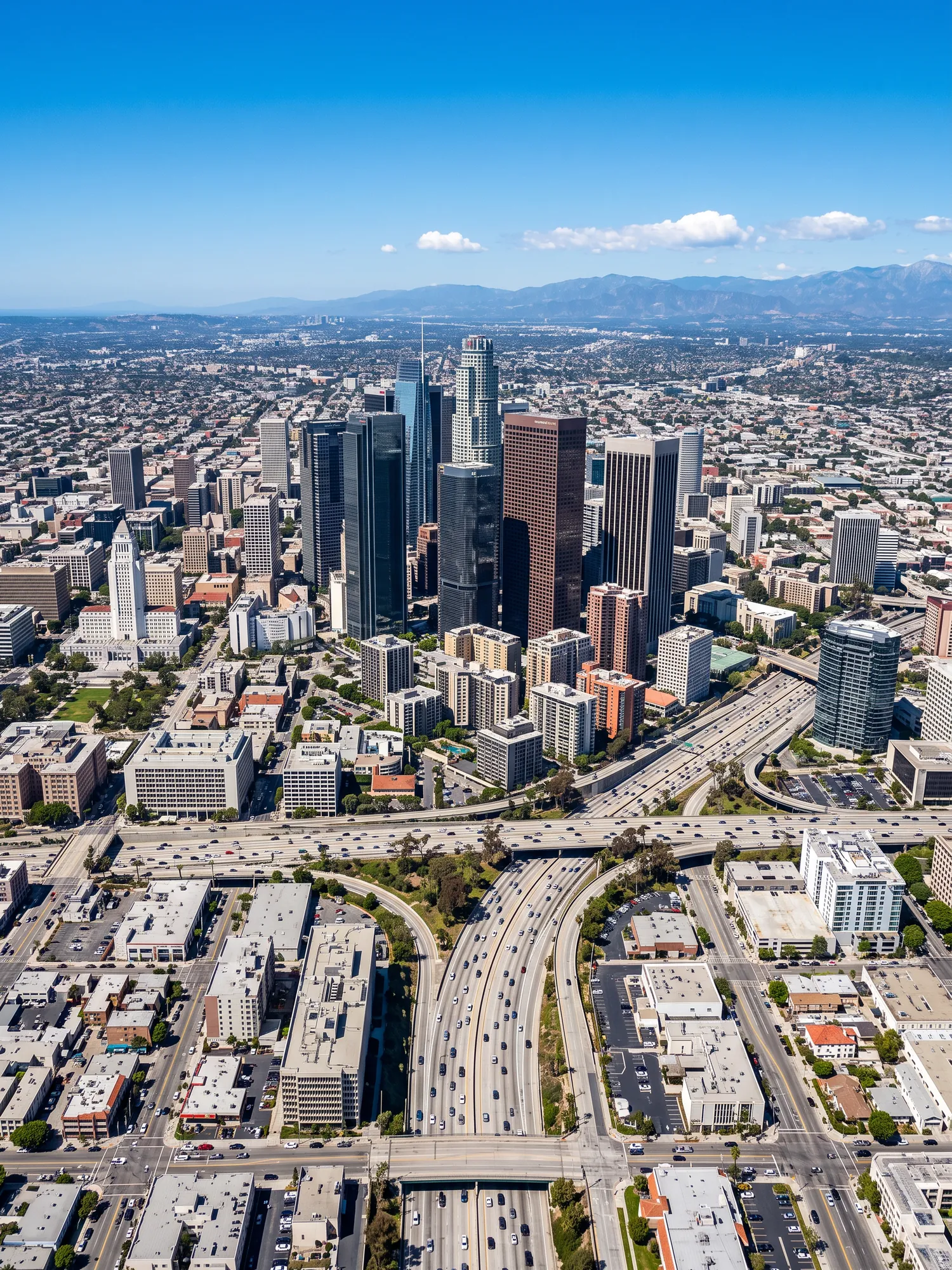 Panoramic aerial view of Los Angeles skyline in bright daylight