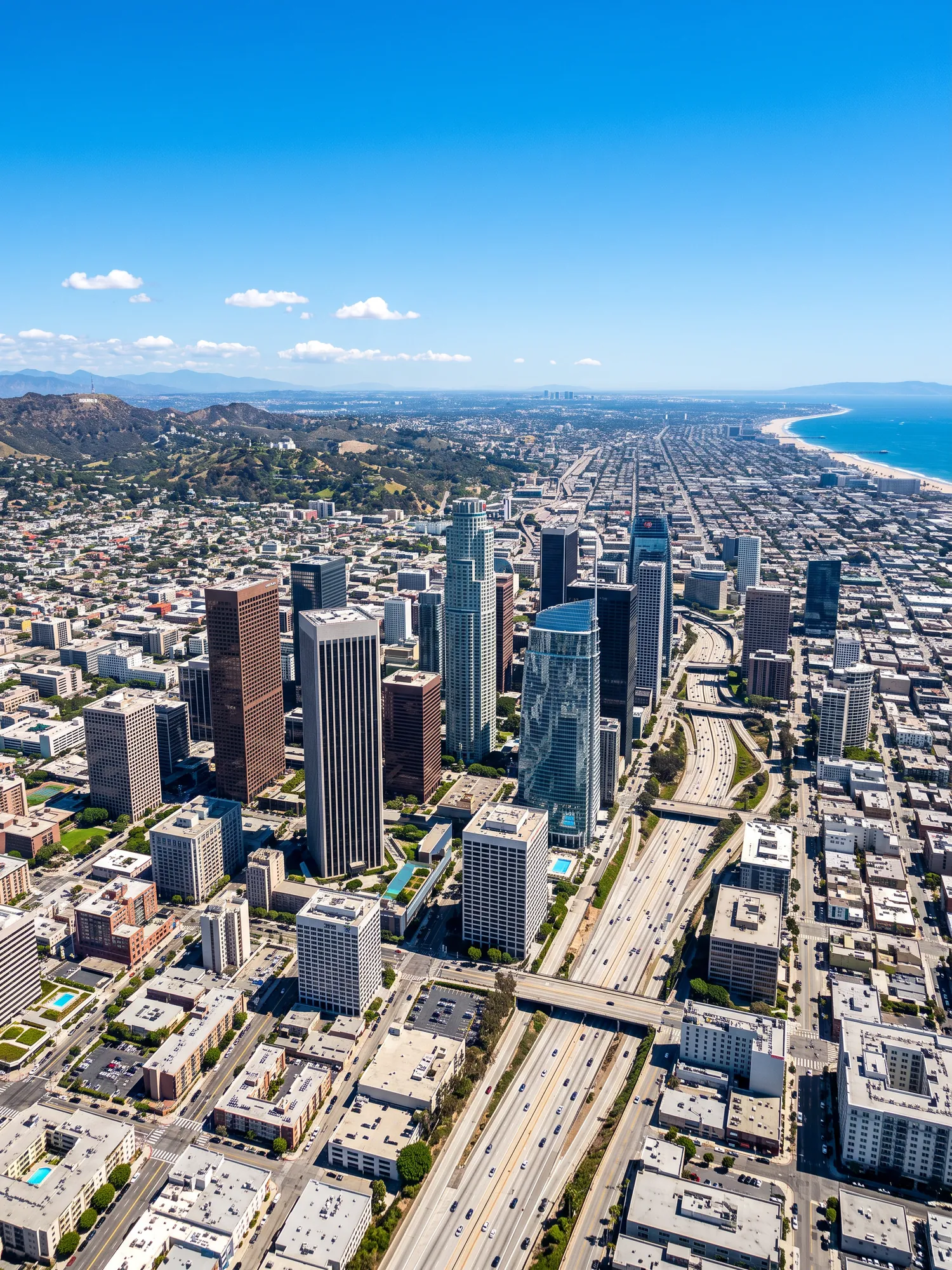 Panoramic aerial view of Los Angeles skyline in bright daylight