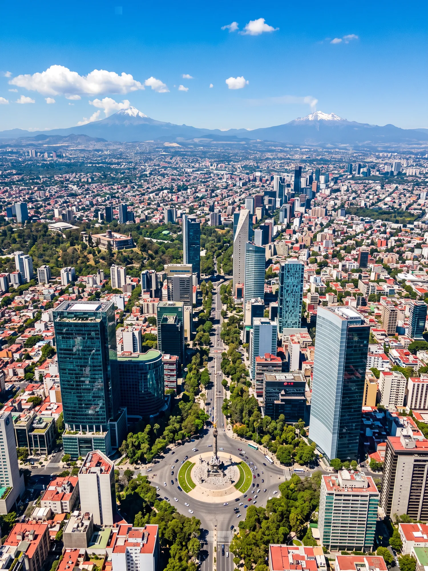Panoramic aerial view of Mexico City skyline in bright daylight