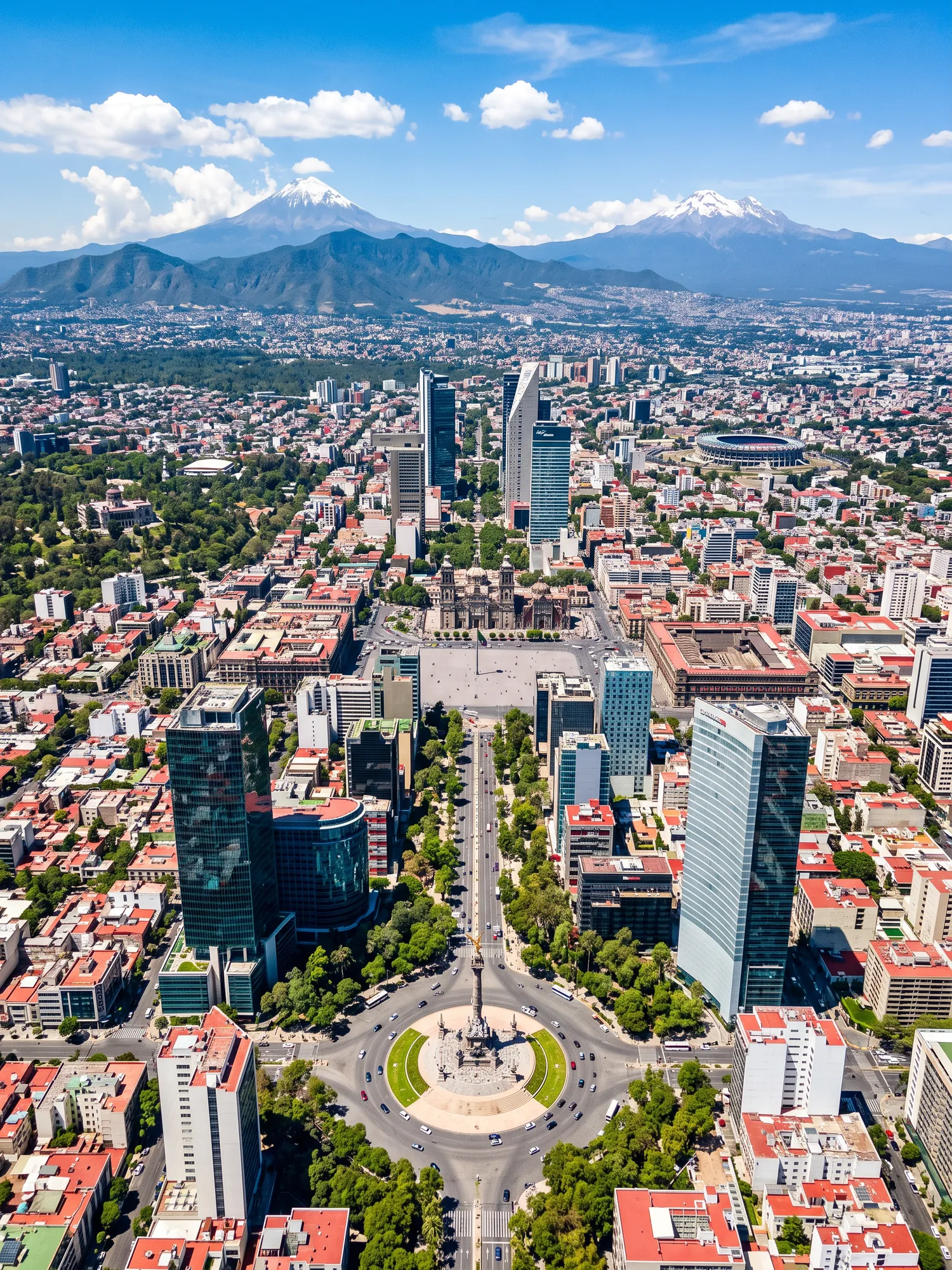 Panoramic aerial view of Mexico City skyline in bright daylight