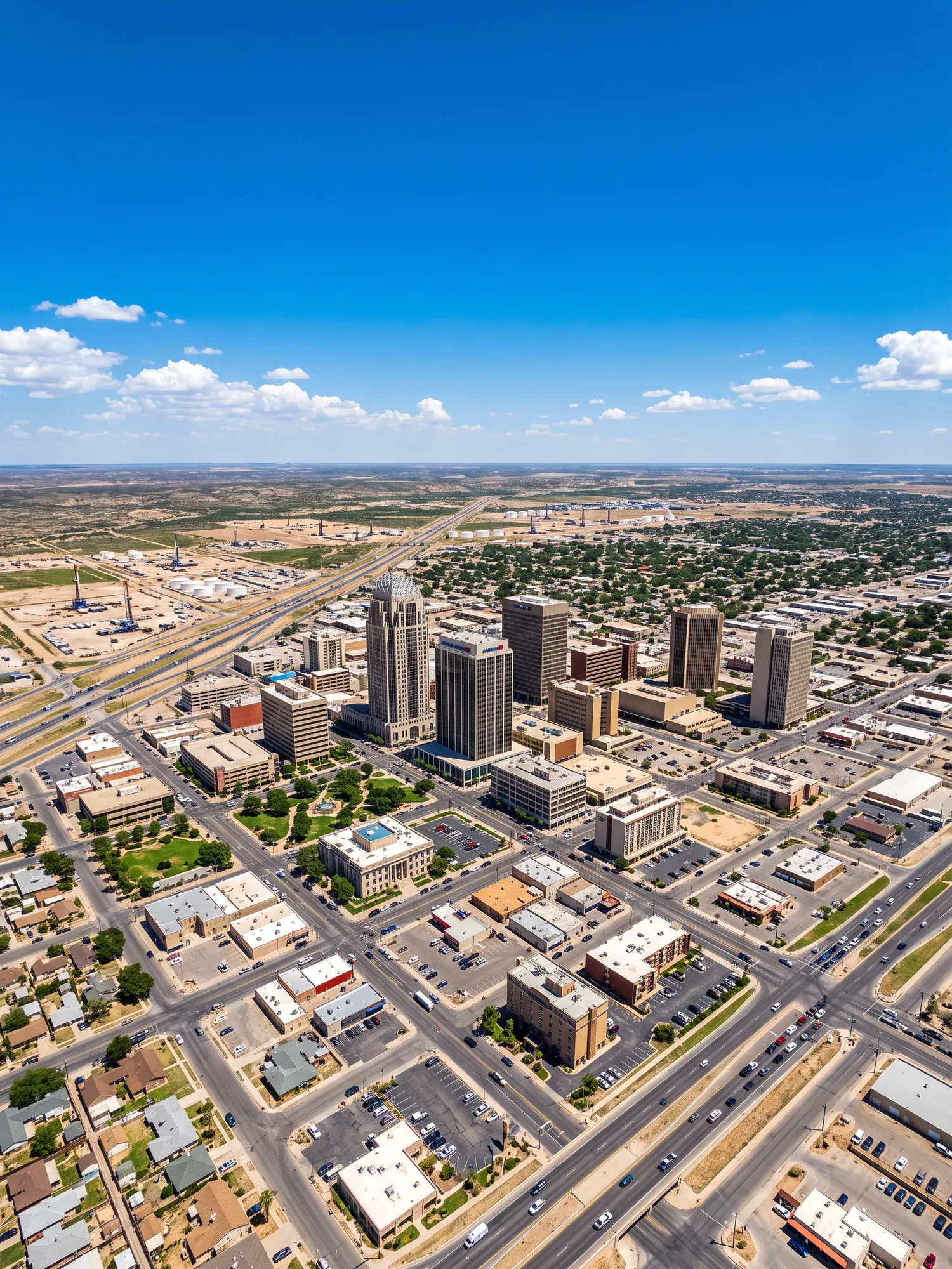 Panoramic aerial view of Midland skyline in bright daylight