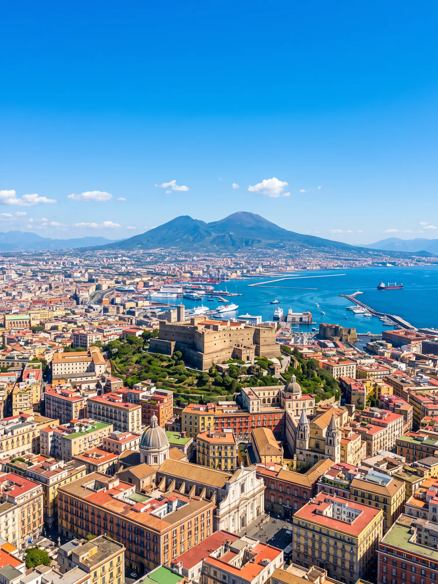 Panoramic aerial view of Naples skyline in bright daylight