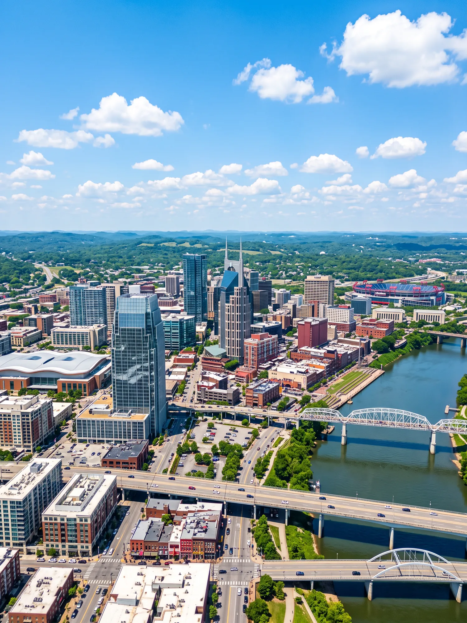 Panoramic aerial view of Nashville skyline in bright daylight