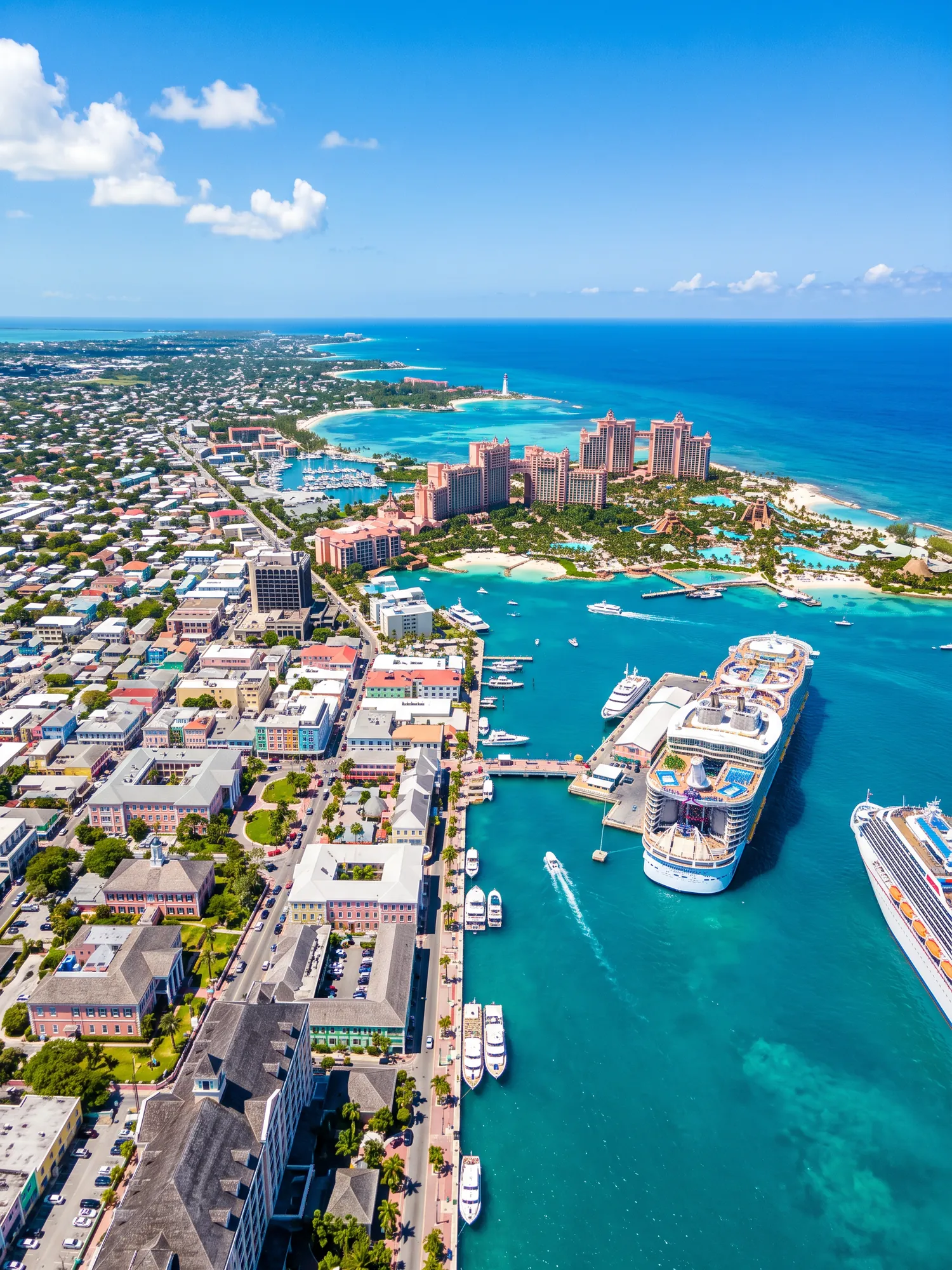 Panoramic aerial view of Nassau skyline in bright daylight