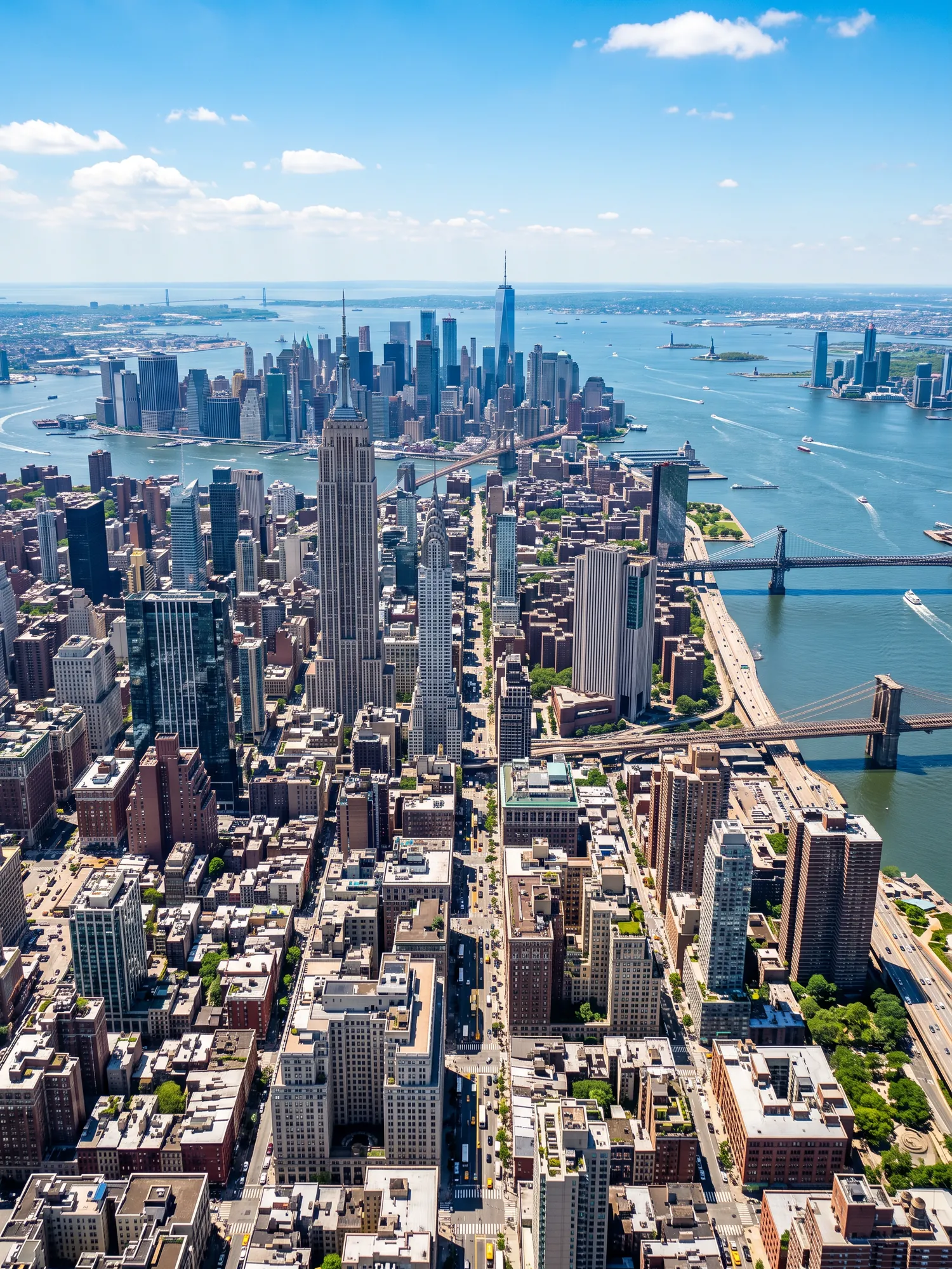 Panoramic aerial view of New York skyline in bright daylight