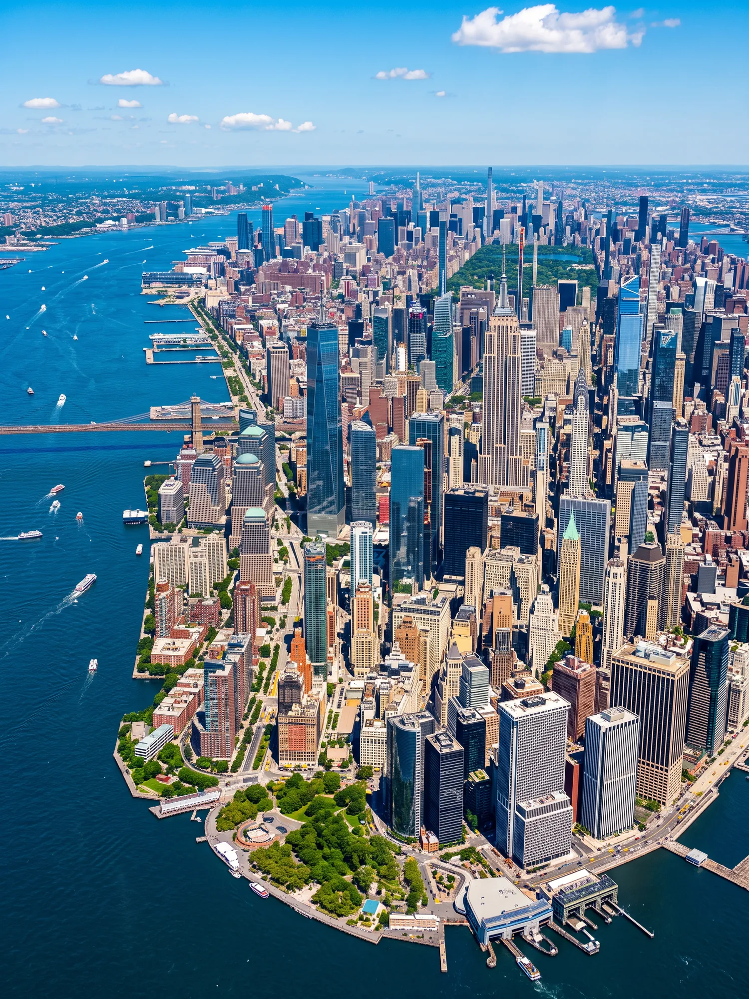 Panoramic aerial view of New York skyline in bright daylight
