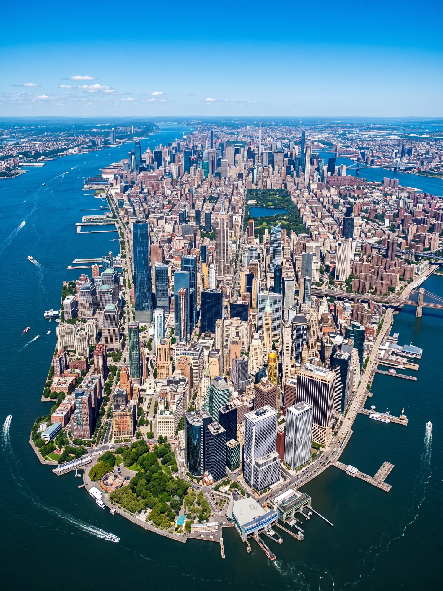 Panoramic aerial view of New York skyline in bright daylight