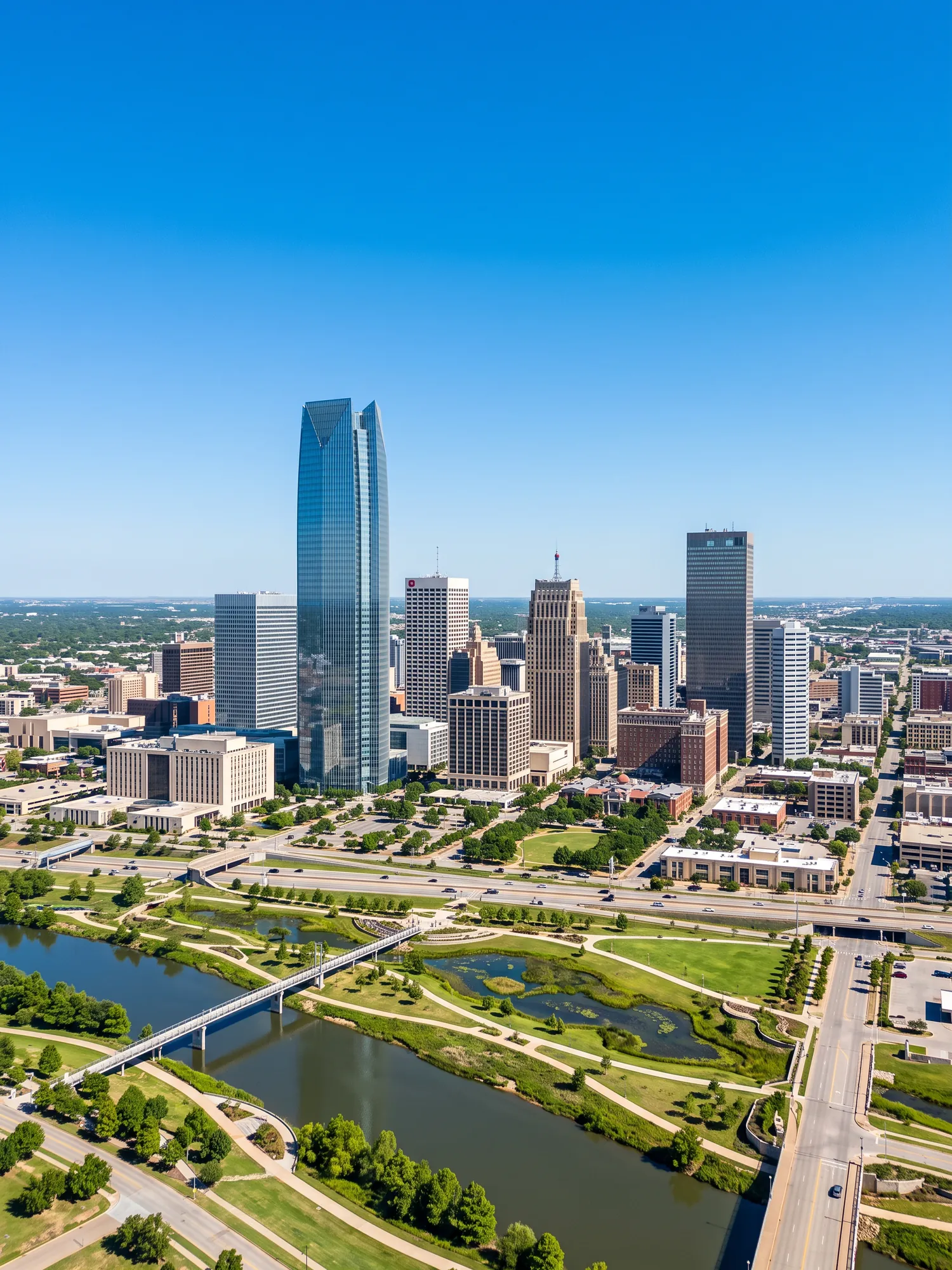 Panoramic aerial view of Oklahoma City skyline in bright daylight