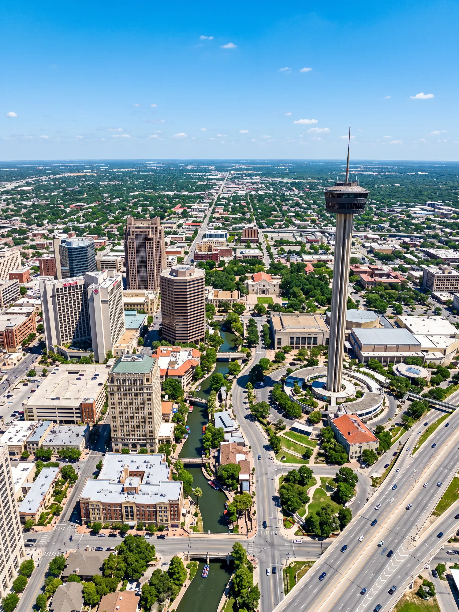 Panoramic aerial view of San Antonio skyline in bright daylight